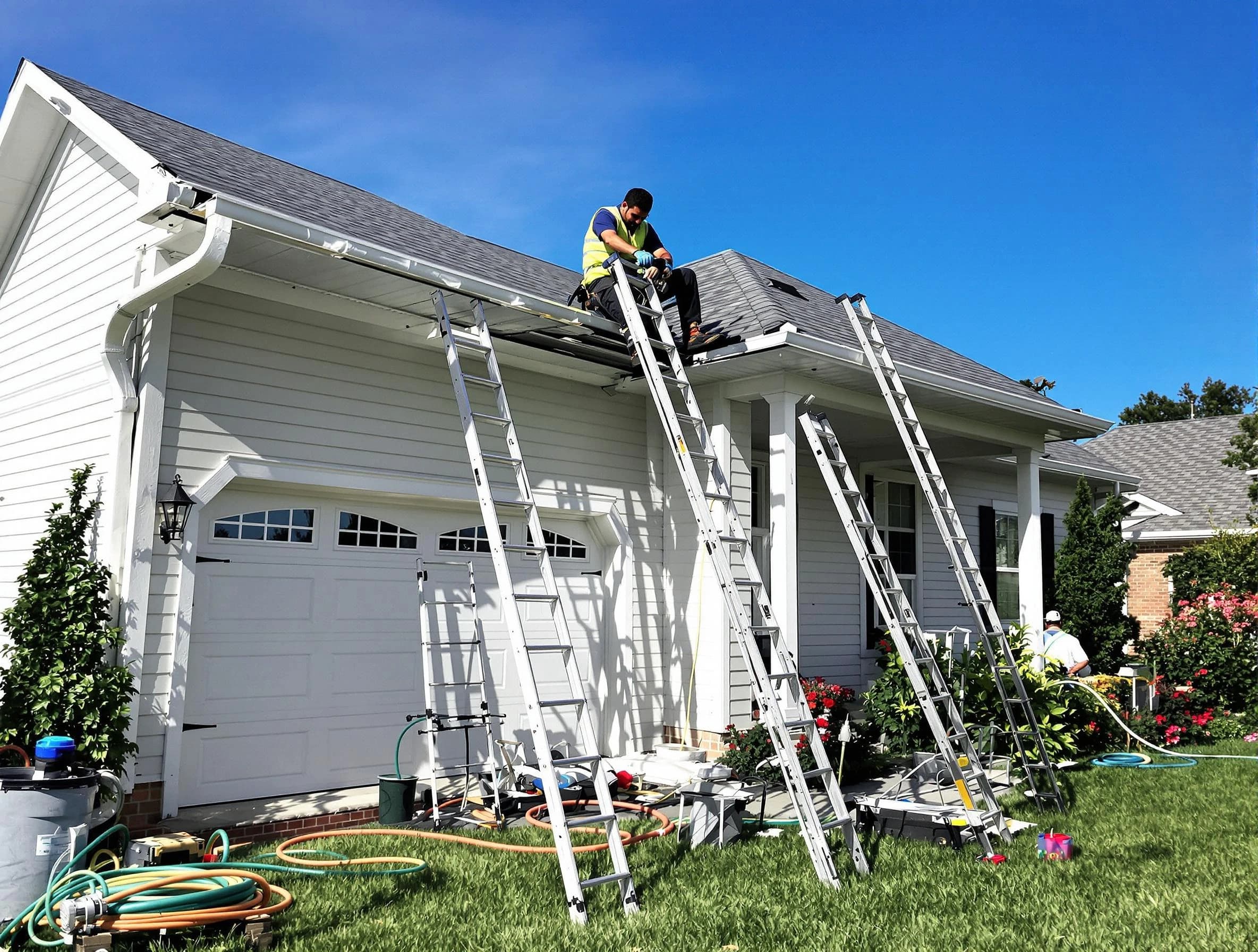 Removal of old gutters by Green Roofing Company to install new system in Green, OH