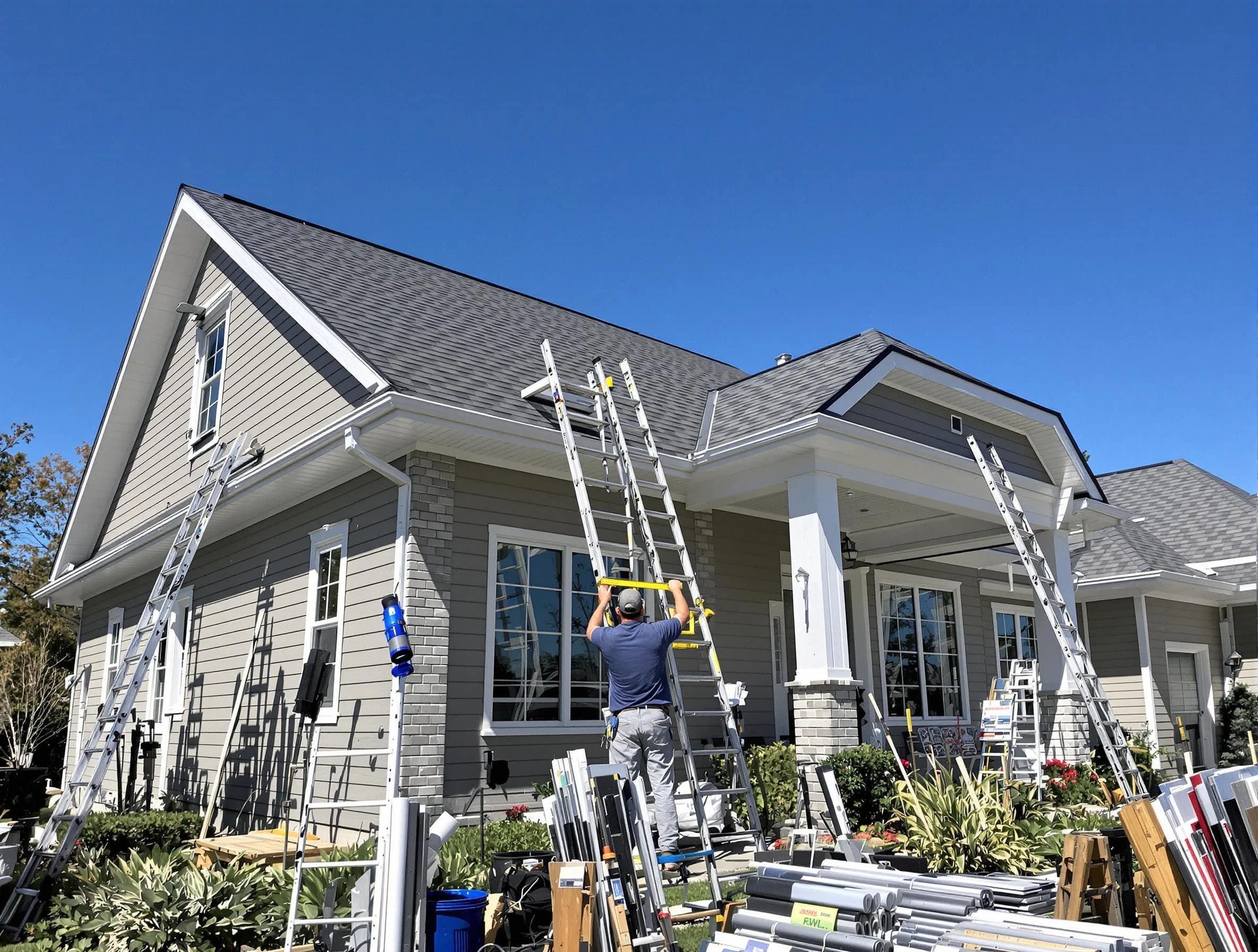 Green Roofing Company fitting rain gutters at a home in Green, OH