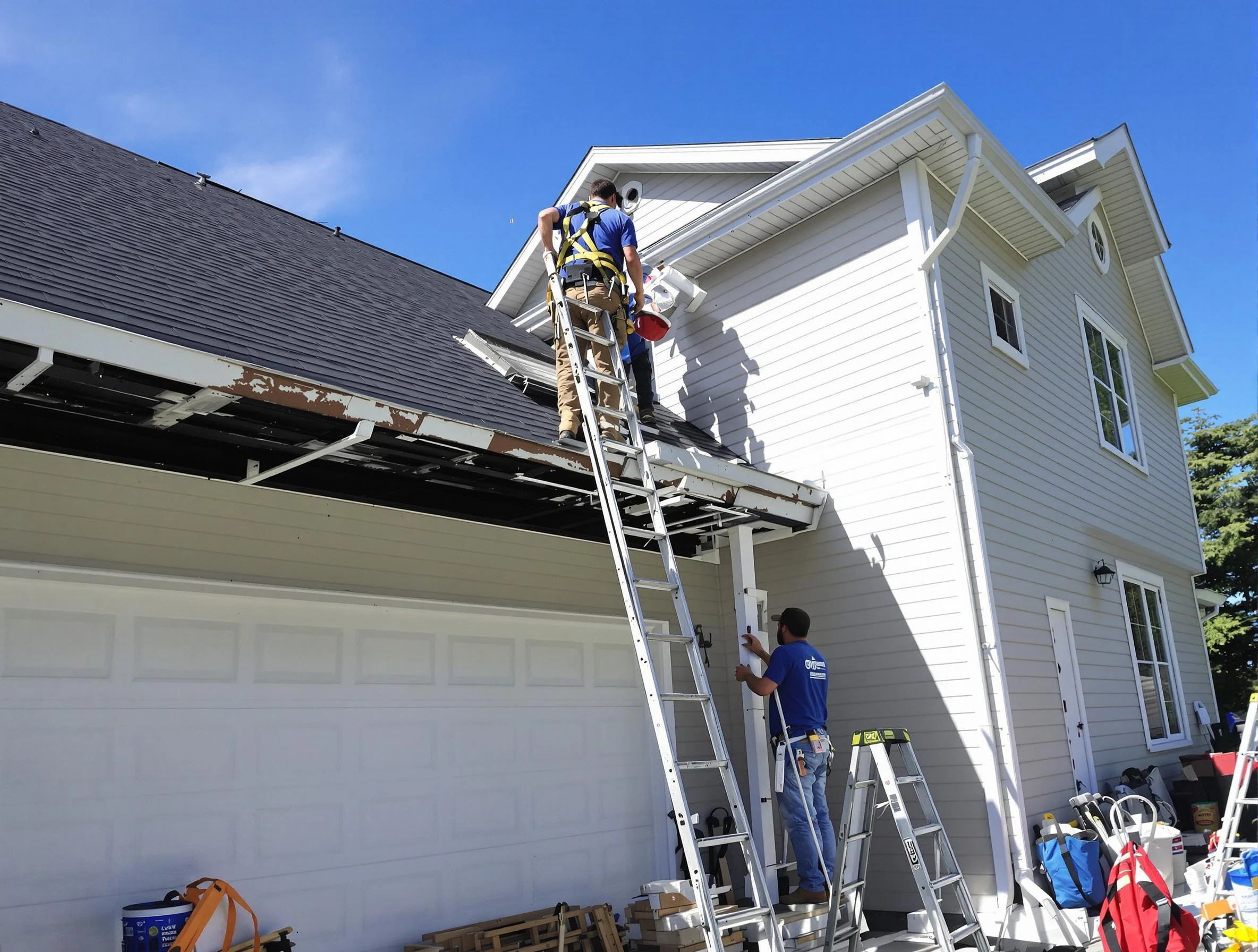 Newly replaced gutters by Green Roofing Company in Green, OH